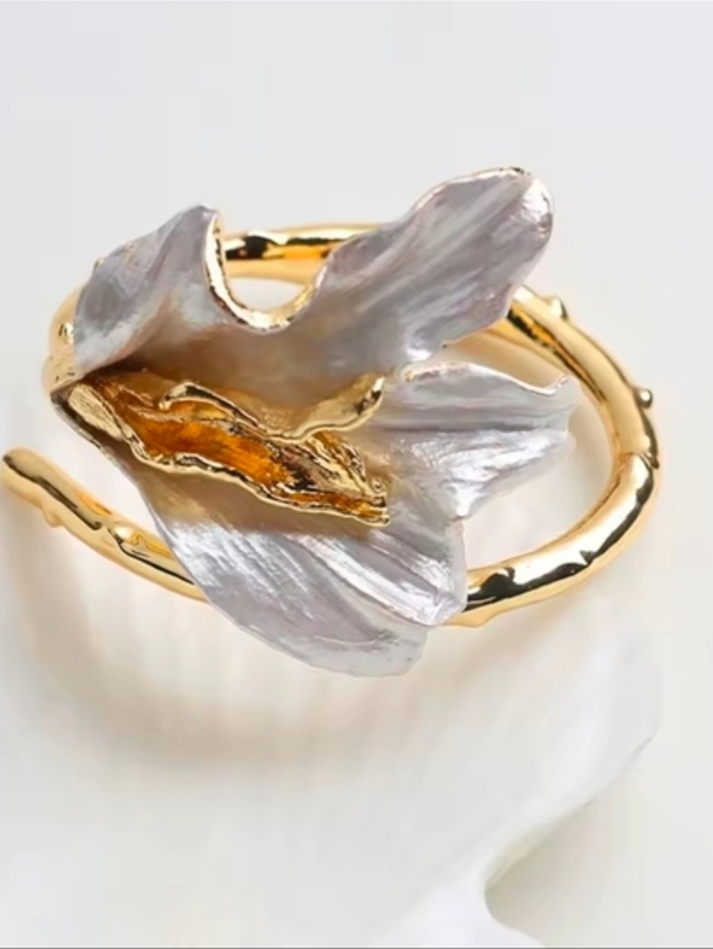 Gold and White Floral Sculpted Cuff Bracelet - Picture 6 of 7